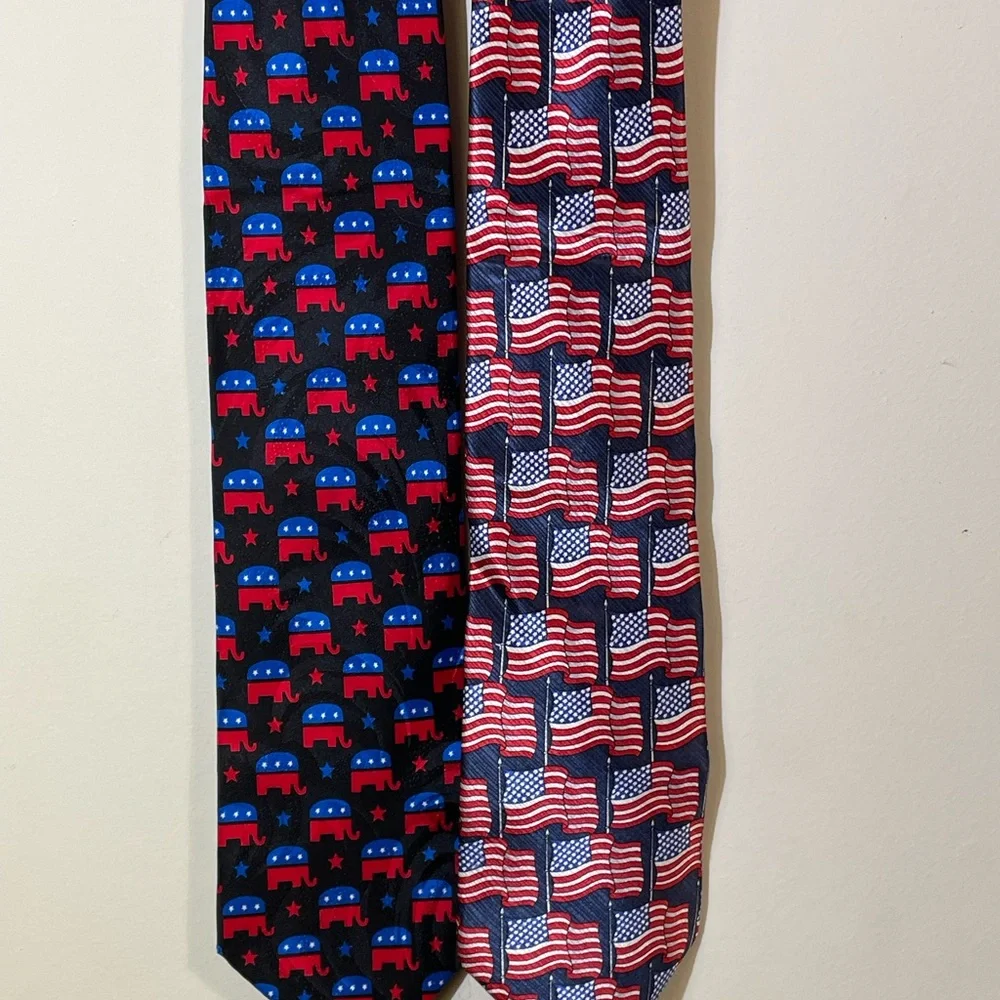 Mens USA Patriotic Necktie 1 USA Flag 1 USA Elephant Republican Party‎ Set of 2